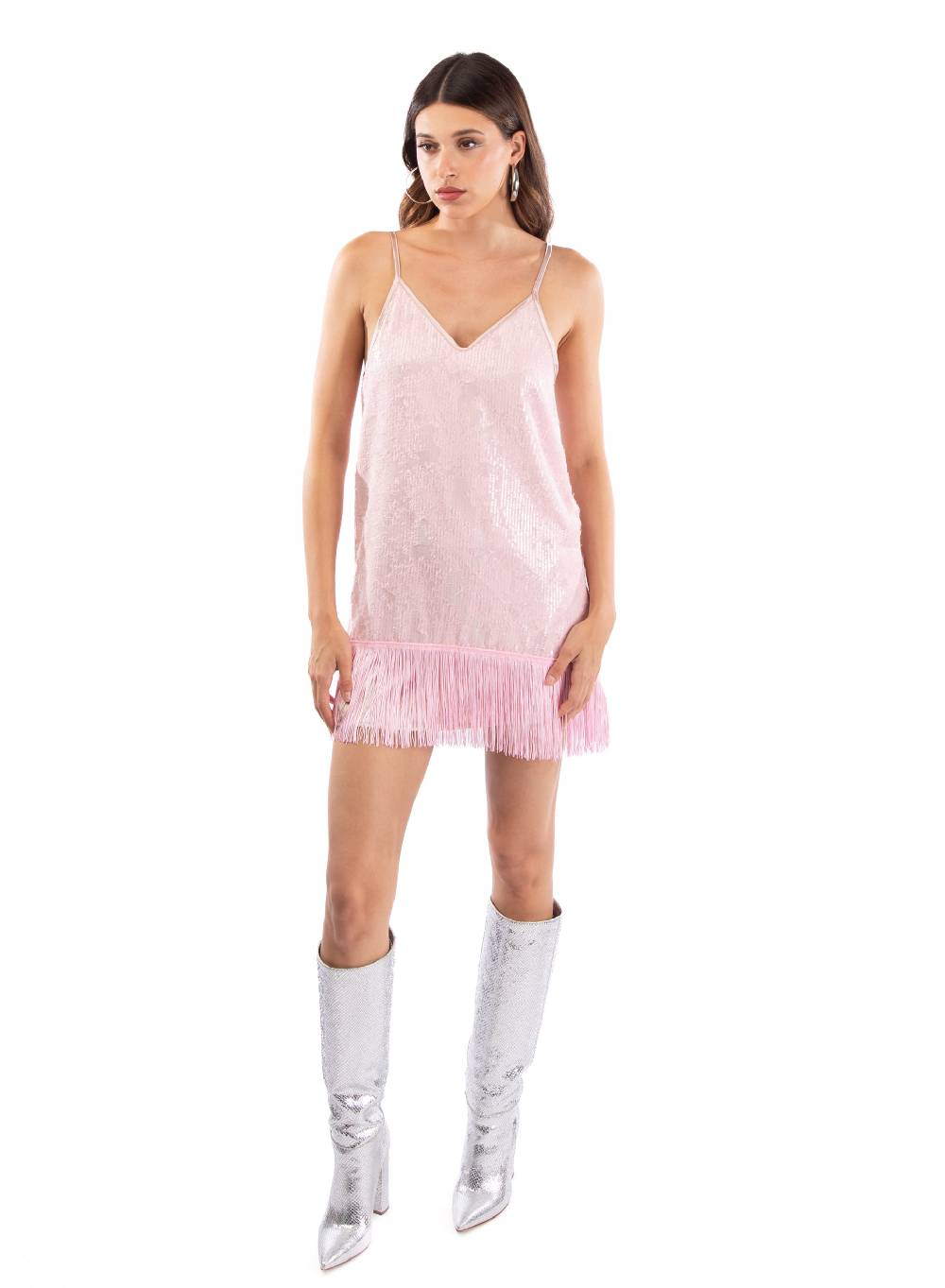 Le Volière MADISON Vestito rosa di paillettes con frange Italia