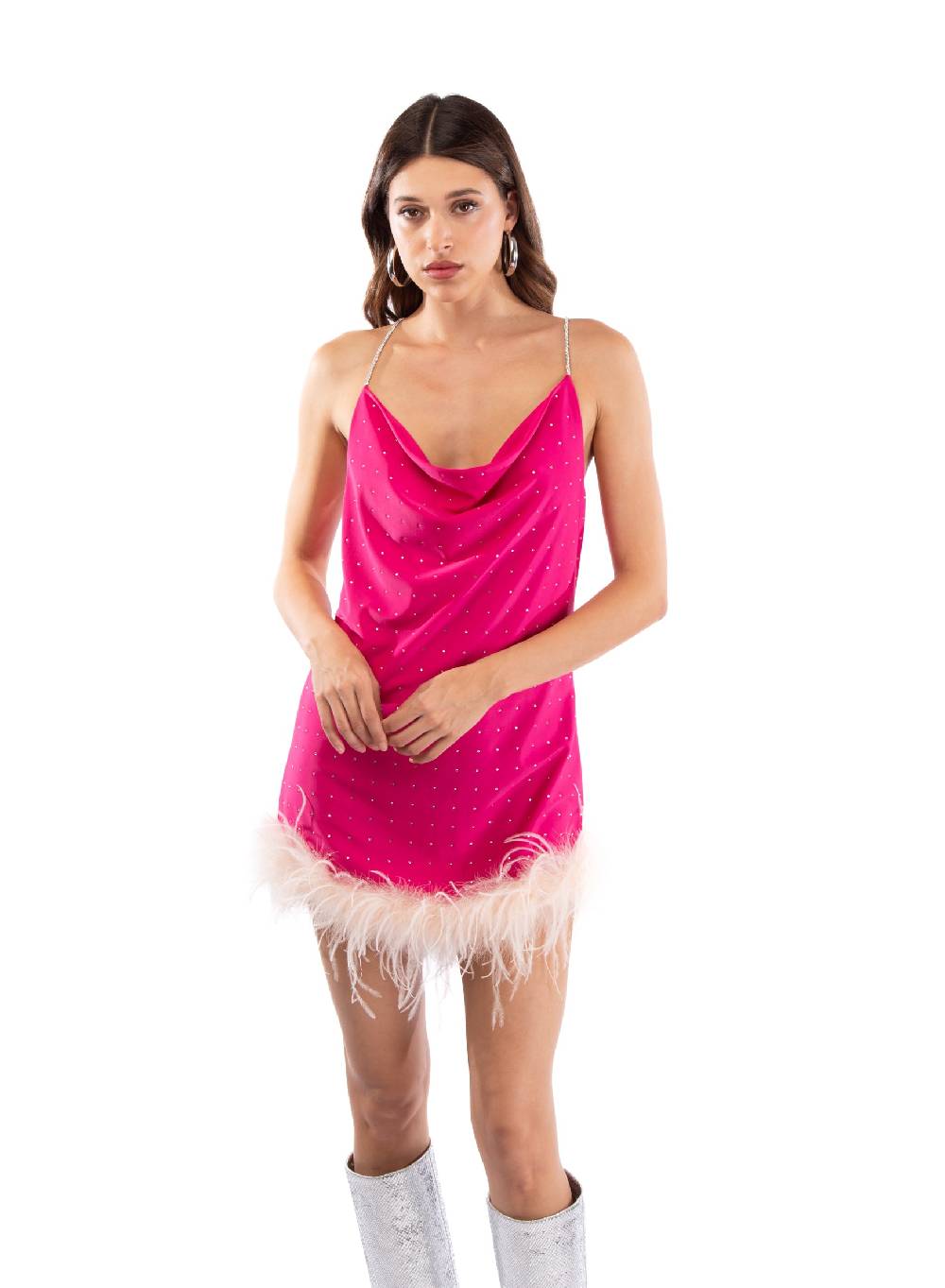 Le Volière LAUREN Vestito fucsia con strass e piume rosa Nuovo