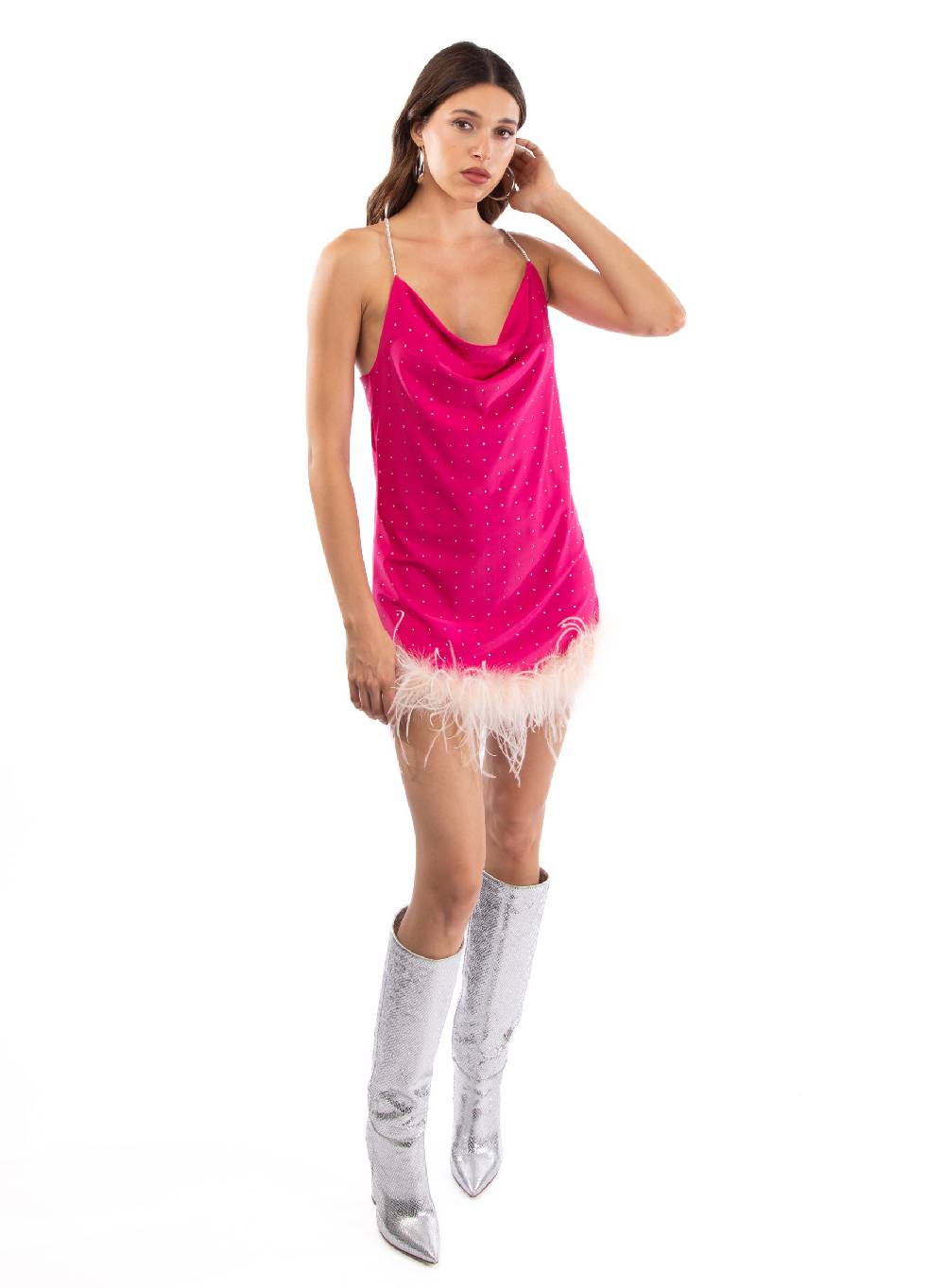 Le Volière LAUREN Vestito fucsia con strass e piume rosa Nuovo