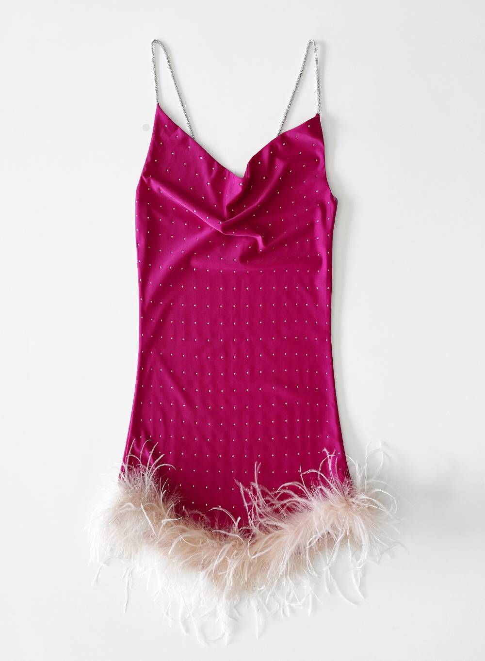 Le Volière LAUREN Vestito fucsia con strass e piume rosa Nuovo