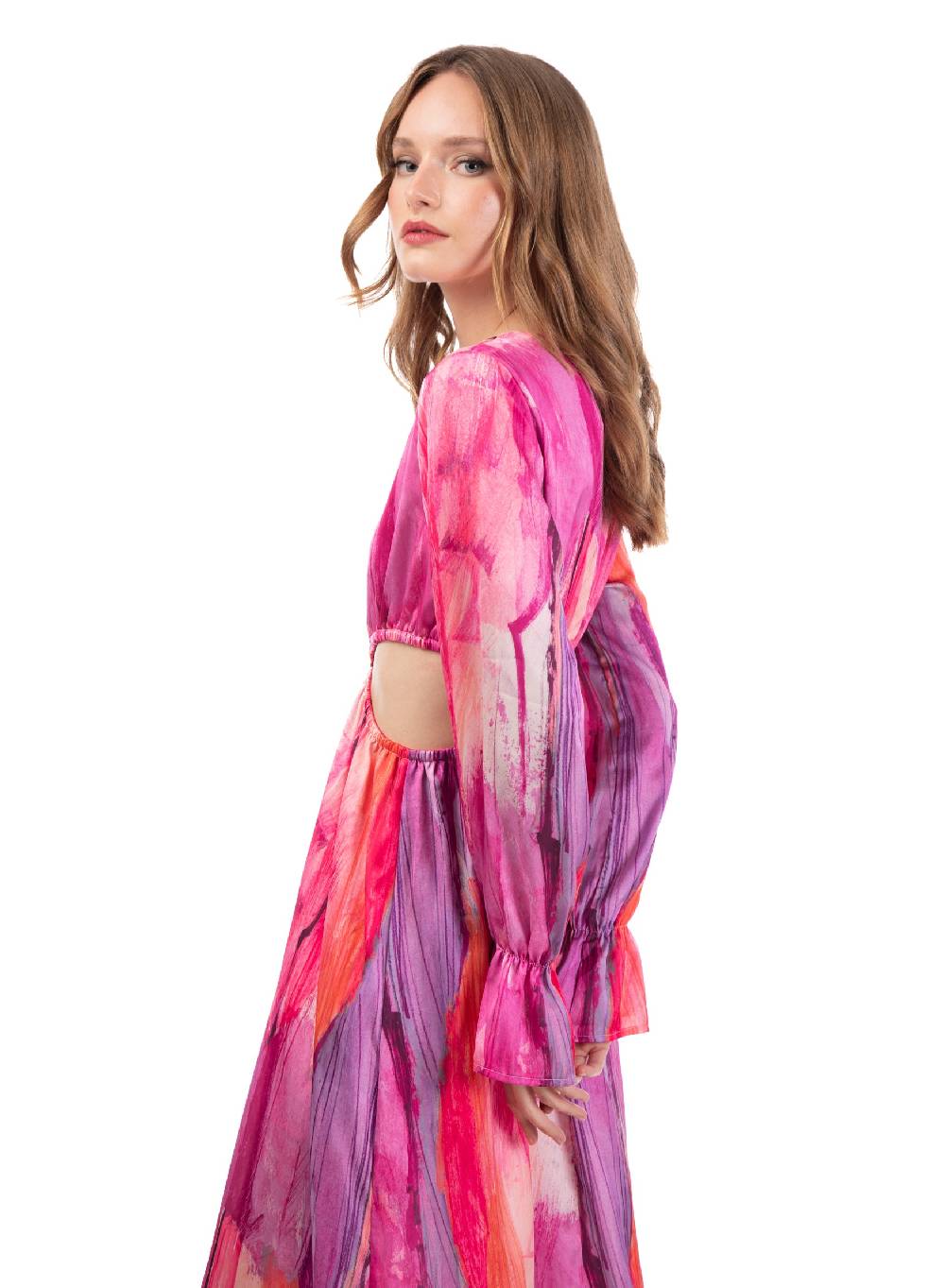 Le Volière Vestito lungo in fantasia fucsia con fori laterali Promozione