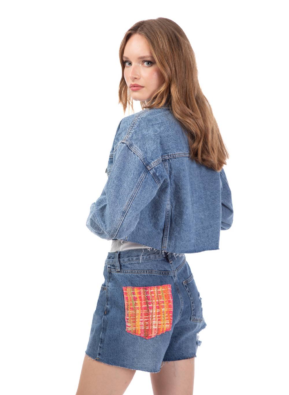 Le Volière Giacca in denim con dettaglio tasca in tweed Acquista Ora