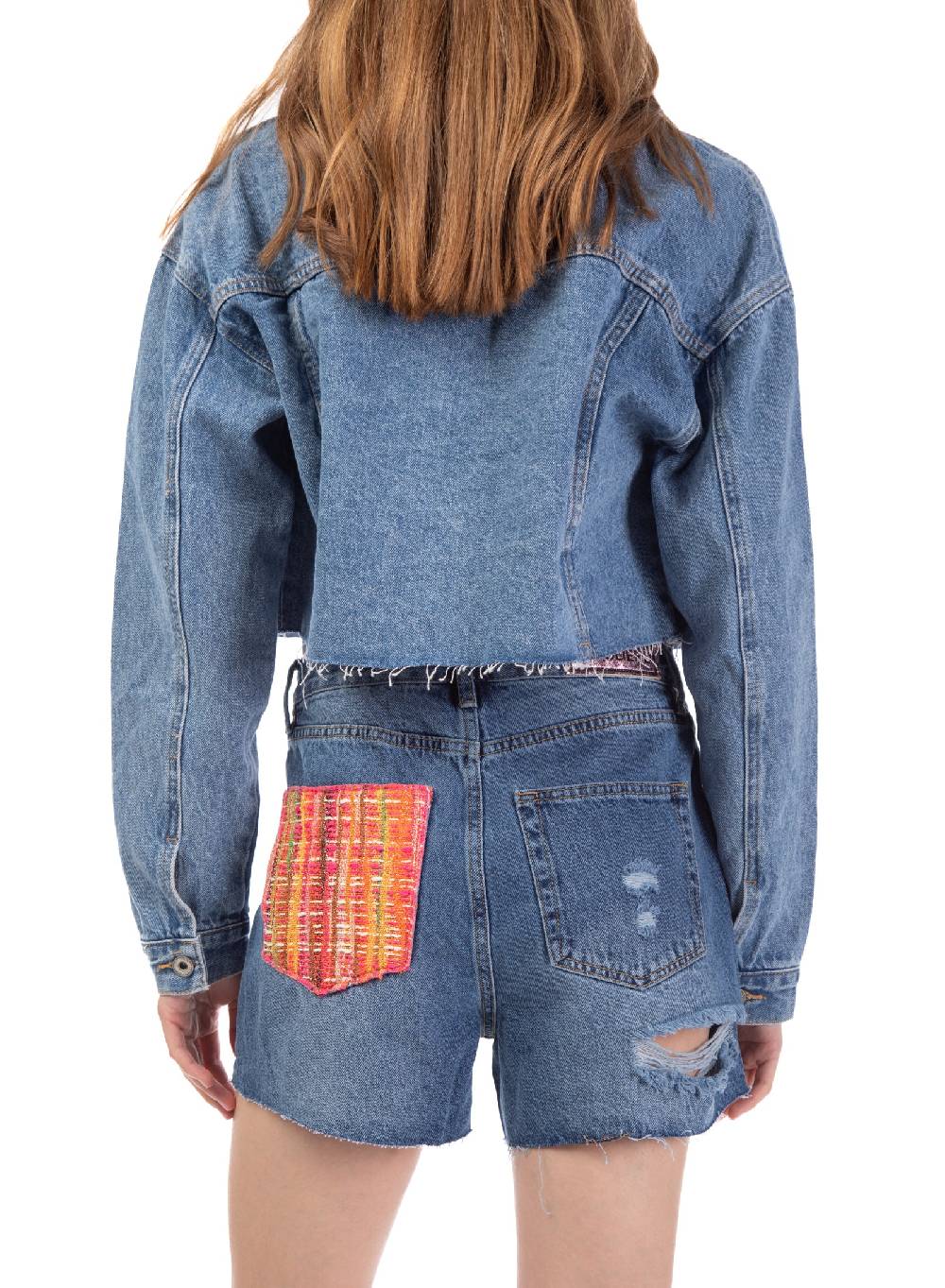 Le Volière Giacca in denim con dettaglio tasca in tweed Acquista Ora