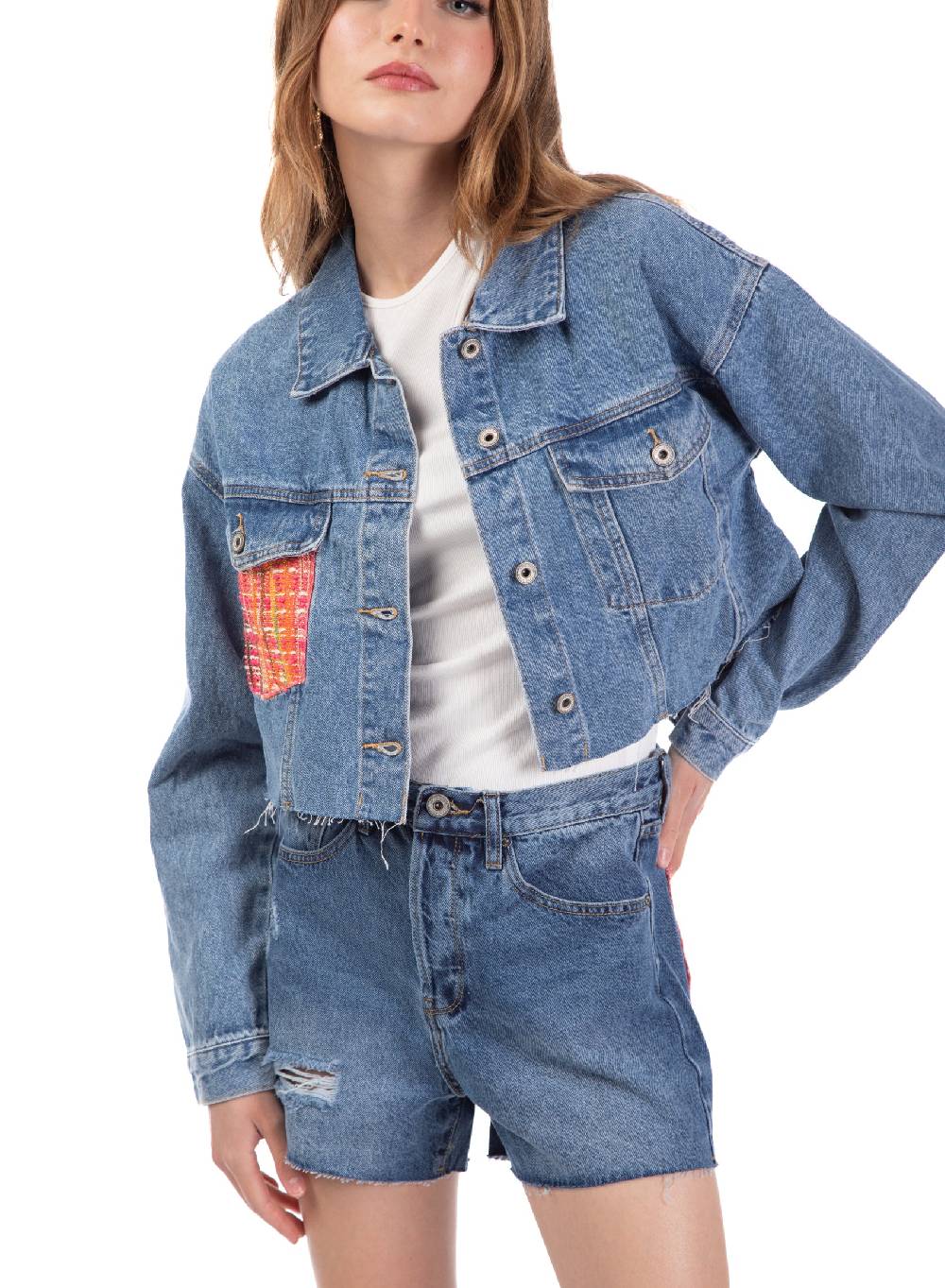 Le Volière Giacca in denim con dettaglio tasca in tweed Acquista Ora