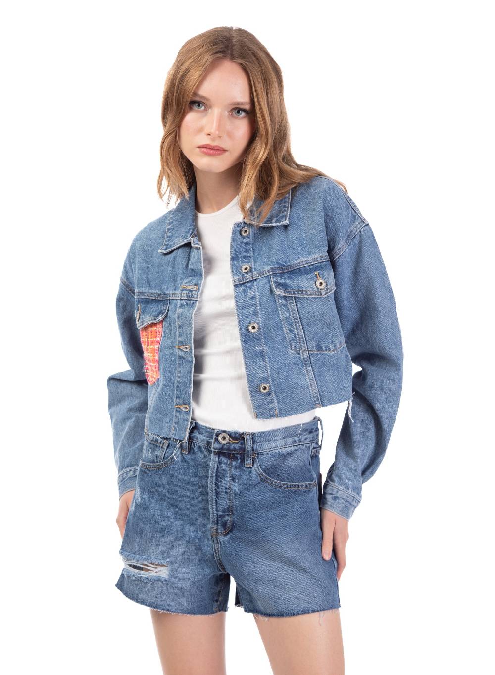 Le Volière Giacca in denim con dettaglio tasca in tweed Acquista Ora