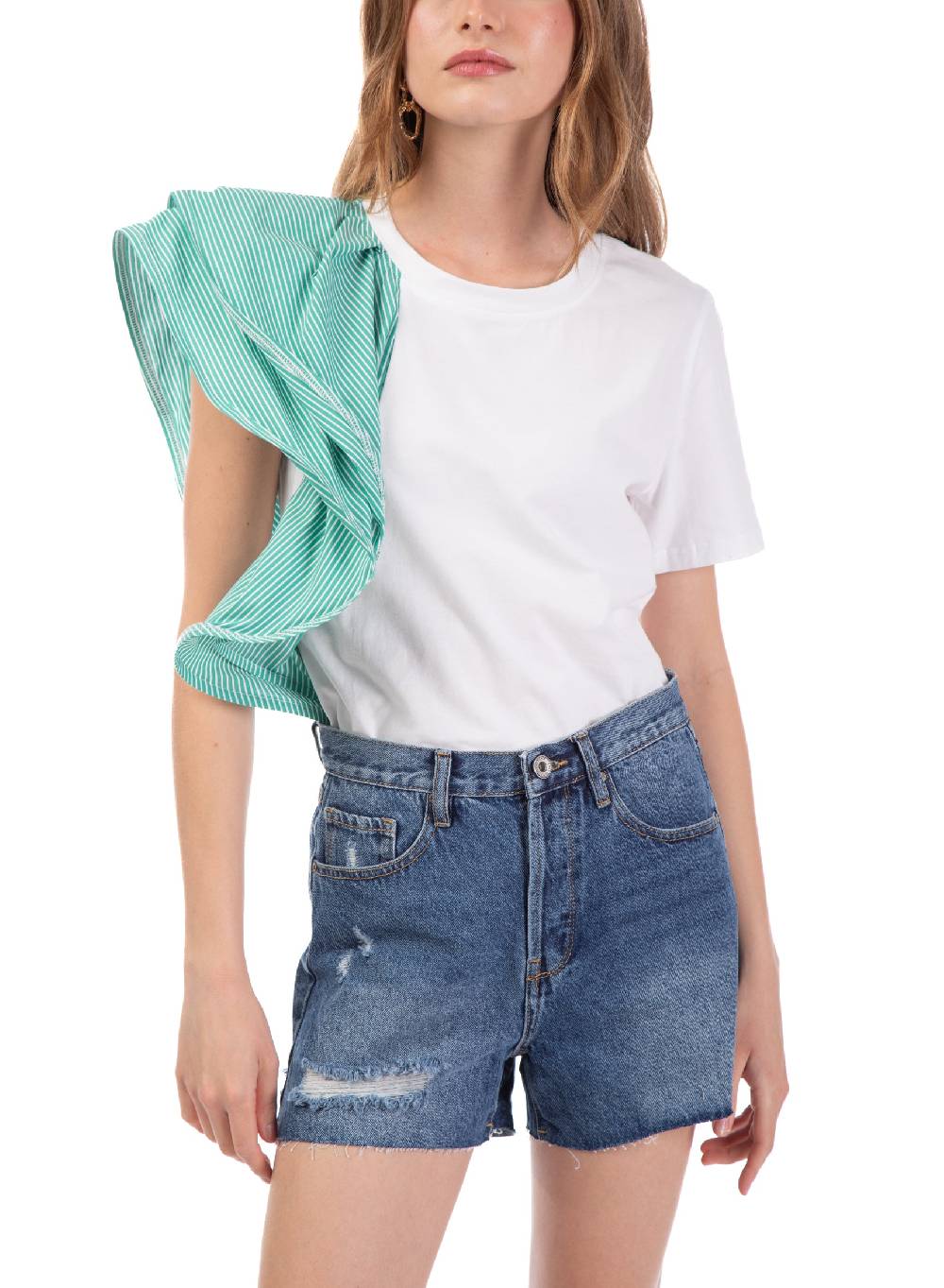 Le Volière T-shirt bianca con volant a righe Novità