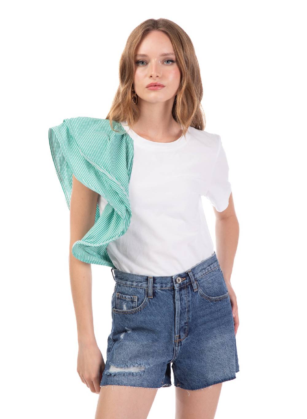 Le Volière T-shirt bianca con volant a righe Novità