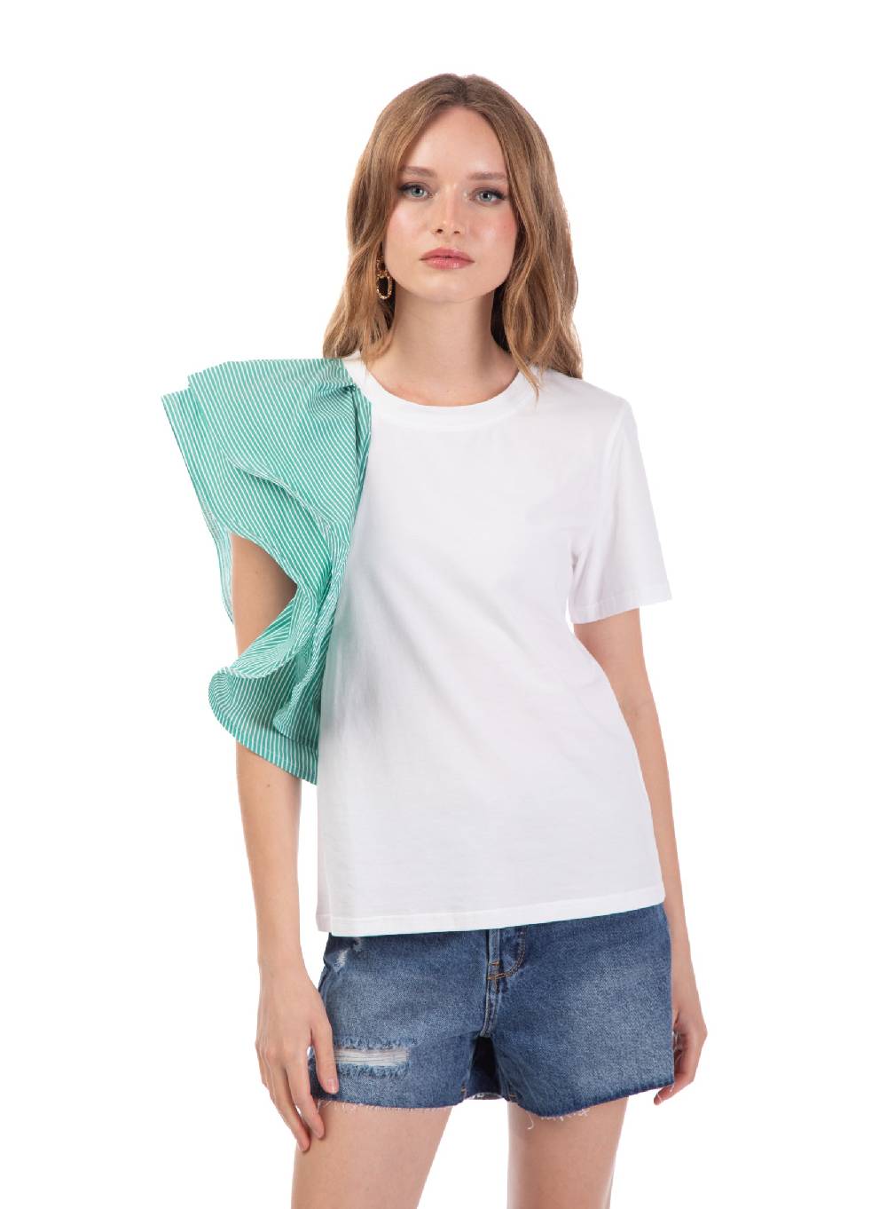 Le Volière T-shirt bianca con volant a righe Novità