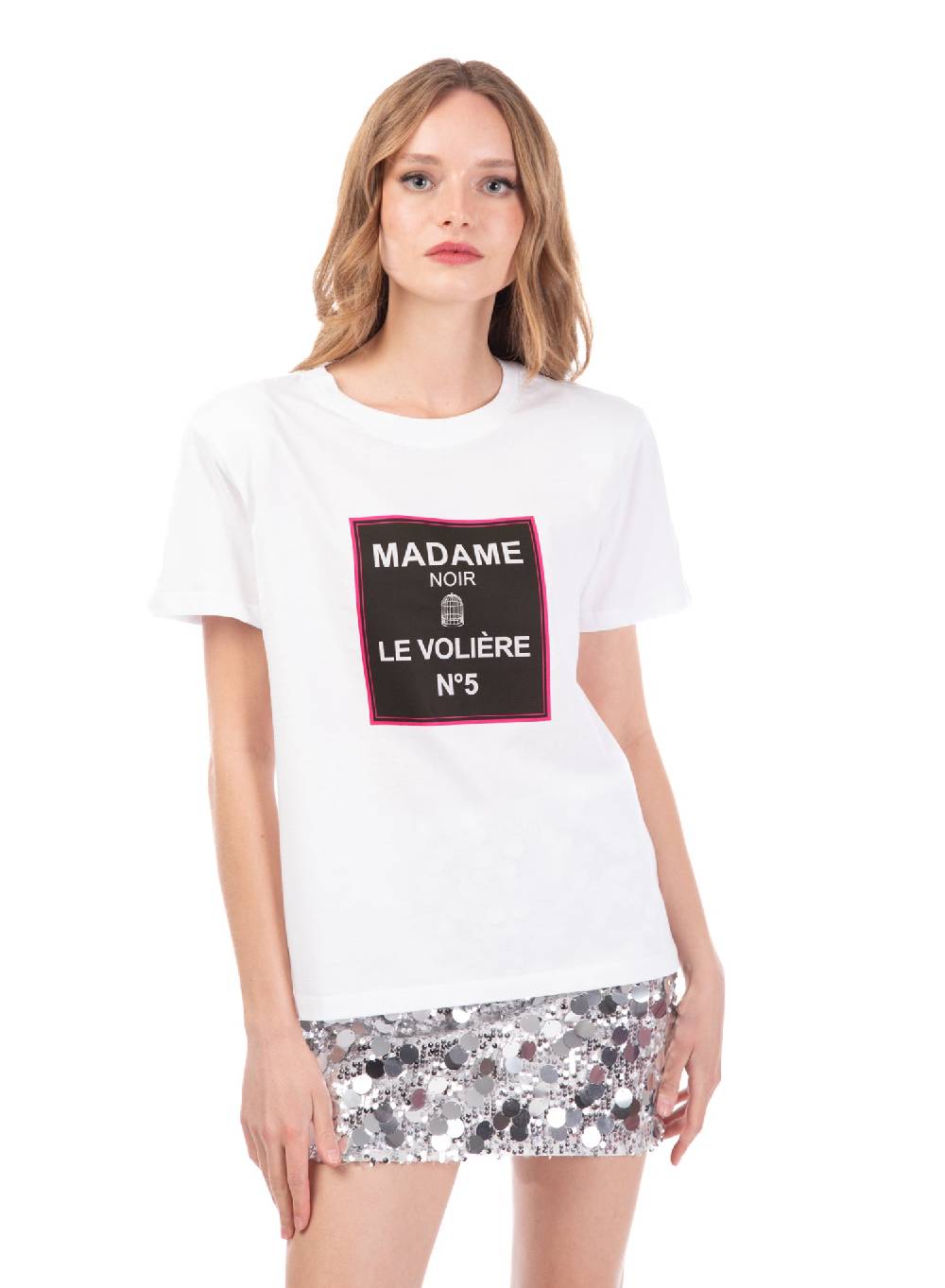 Le Volière T-shirt bianca 'MADAME NOIR' In Vendita