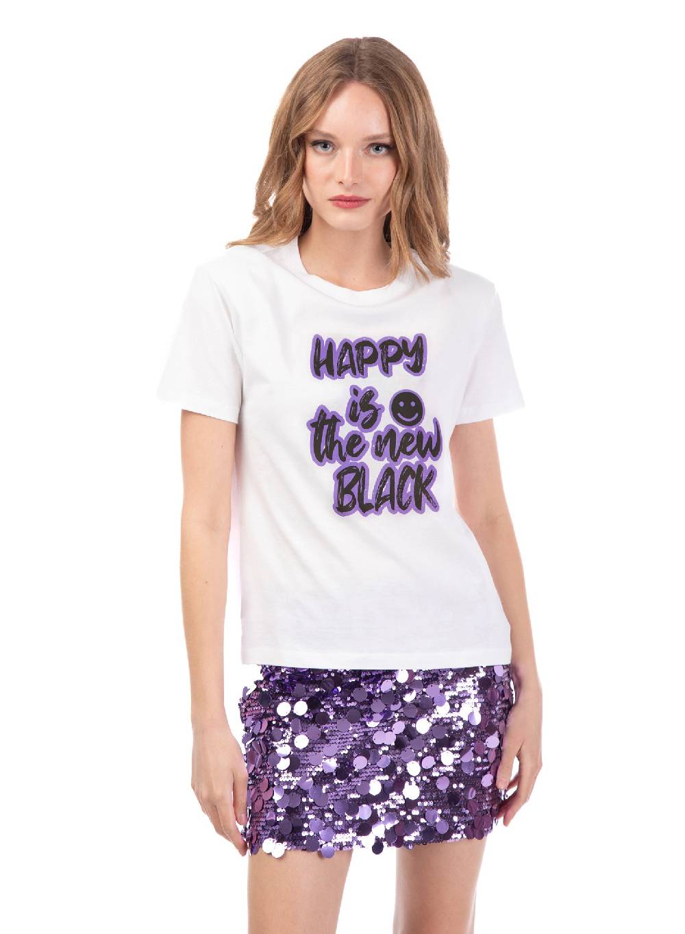 Le Volière T-shirt bianca 'Happy is the new black' Saldi