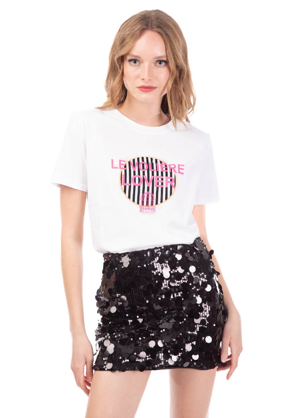 Le Volière T-shirt bianca con stampa rigata 'Le Volière' Vendita Calda