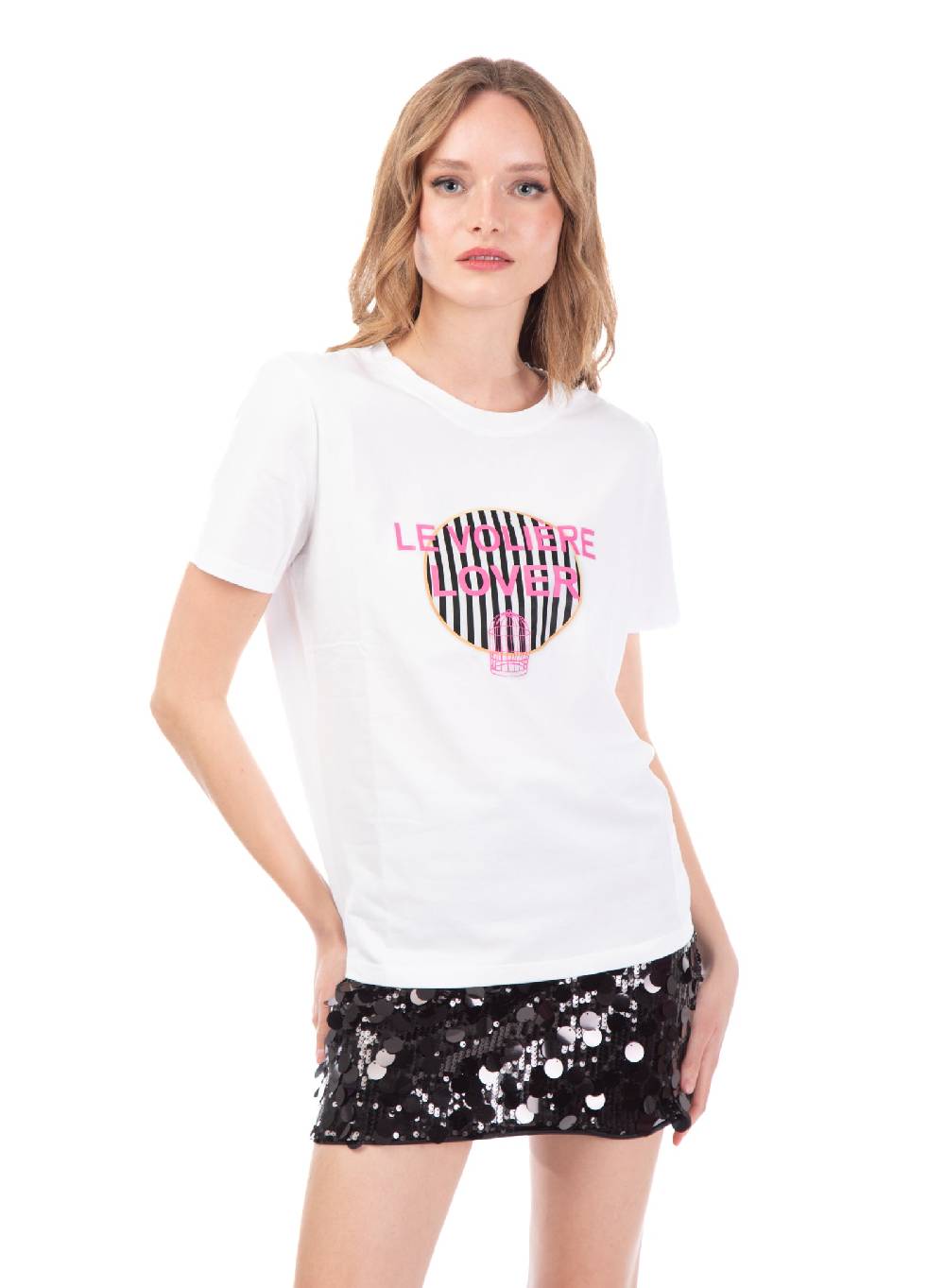 Le Volière T-shirt bianca con stampa rigata 'Le Volière' Vendita Calda