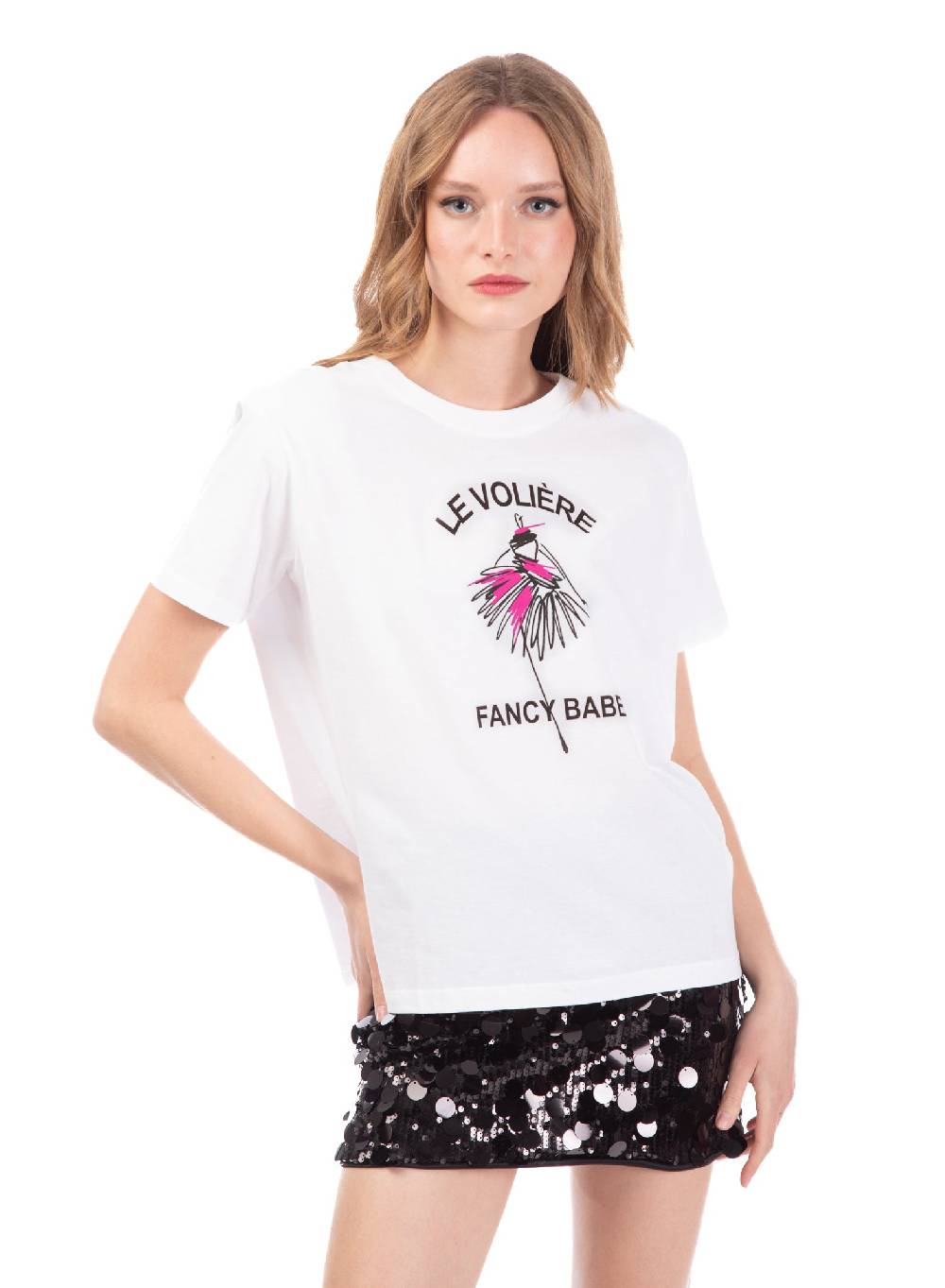 Le Volière T-shirt bianca con stampa 'Le Volière fancy babe' Vendita Economica