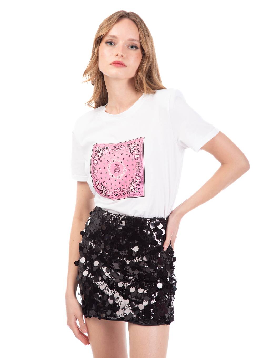 Le Volière T-shirt bianca con stampa bandana rosa Saldi Di Fabbrica