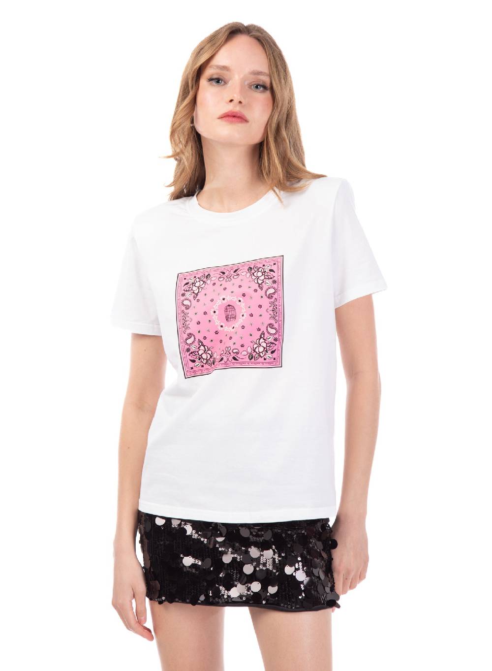 Le Volière T-shirt bianca con stampa bandana rosa Saldi Di Fabbrica
