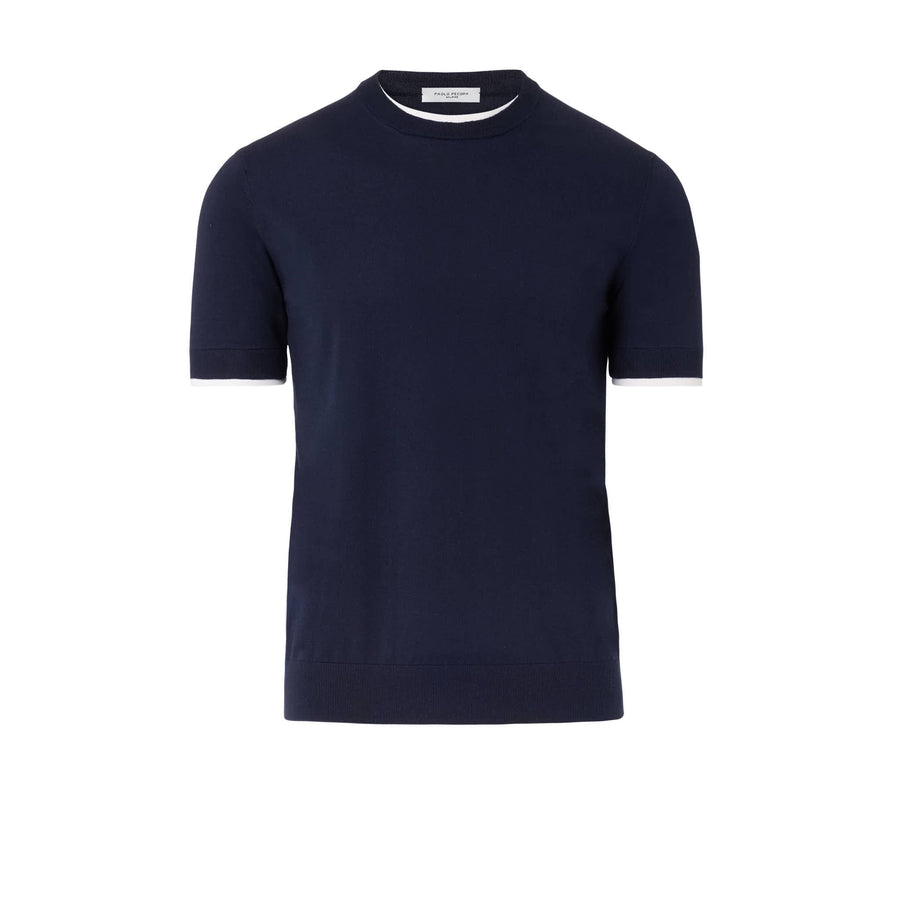 Paolo Pecora Maglia Girocollo in Puro Cotone Extrafine - Blu Navy con Dettagli Bianchi Soddisfazione Garantita