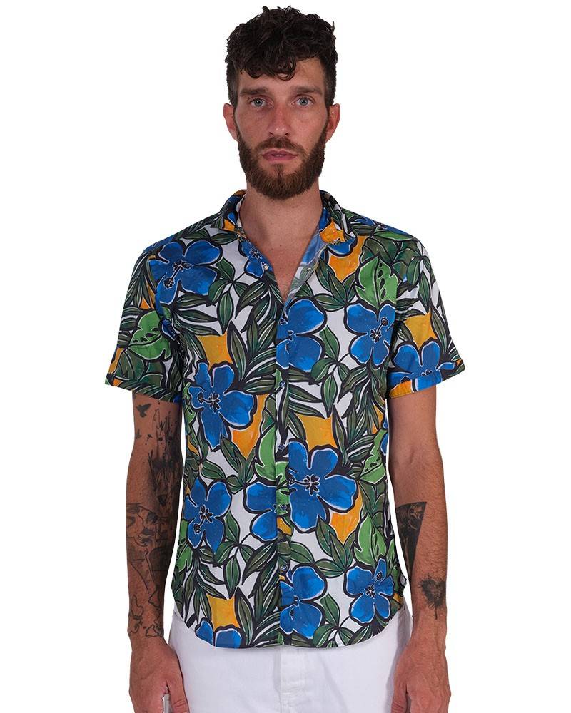 Poggianti Camicia Fantasia Collo Morbido azzurro Italy