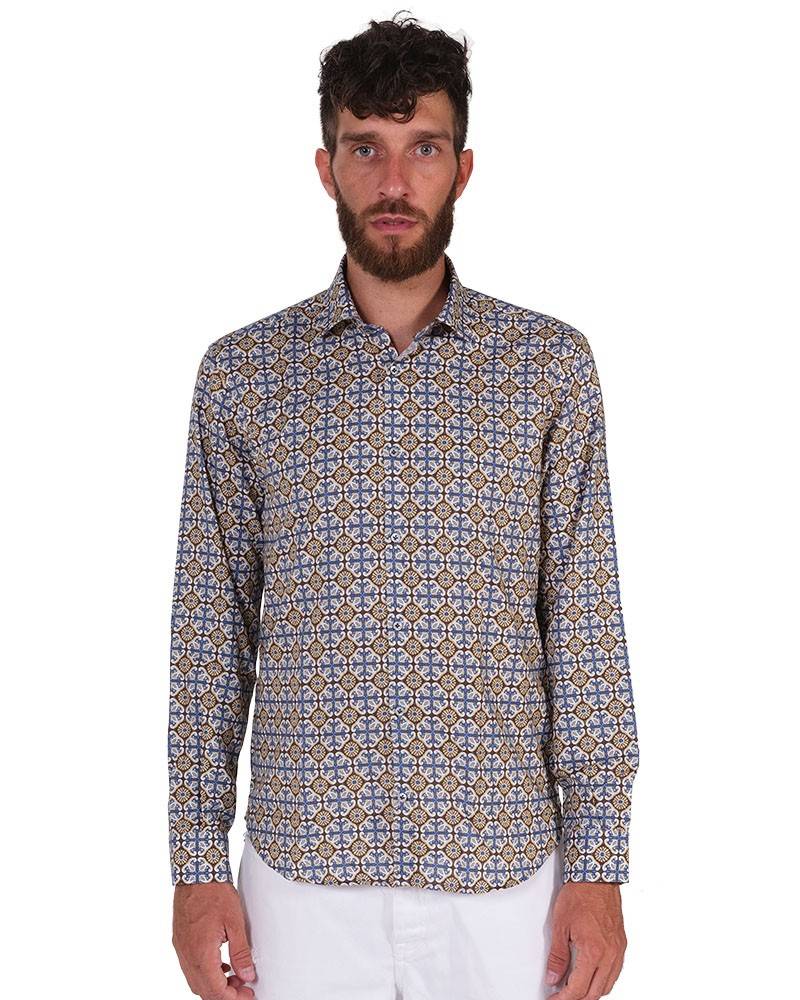 Poggianti Camicia Fantasia Collo Morbido Azzurro/Marrone Promozione Limitata