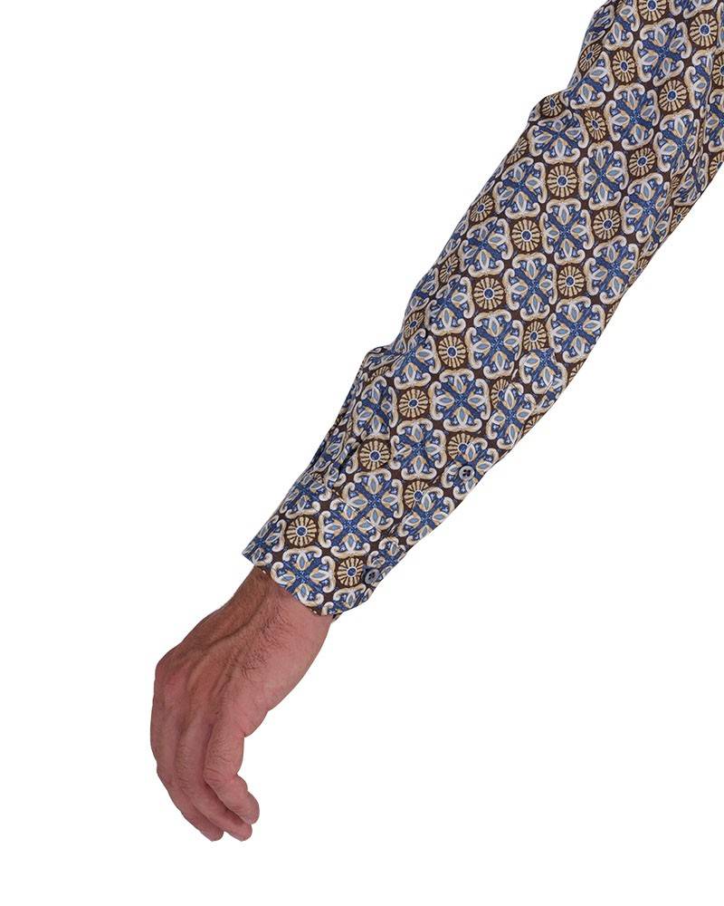 Poggianti Camicia Fantasia Collo Morbido Azzurro/Marrone Promozione Limitata