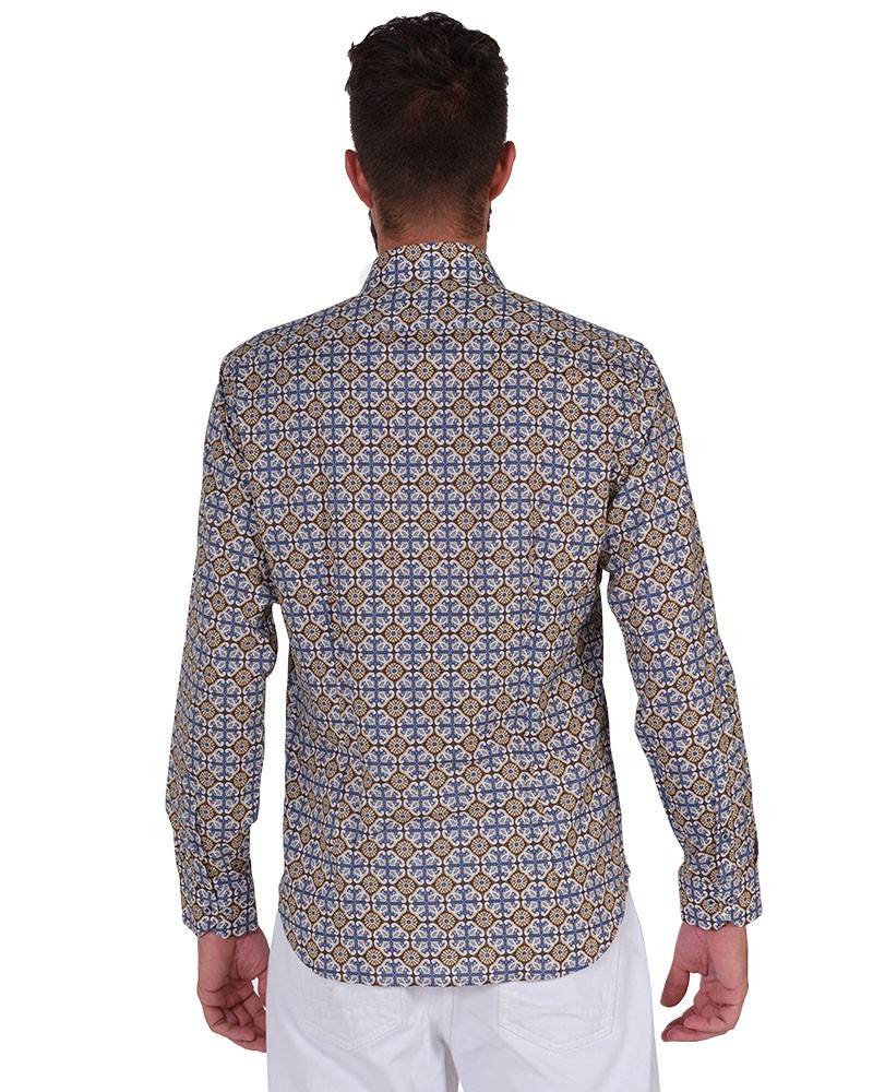 Poggianti Camicia Fantasia Collo Morbido Azzurro/Marrone Promozione Limitata