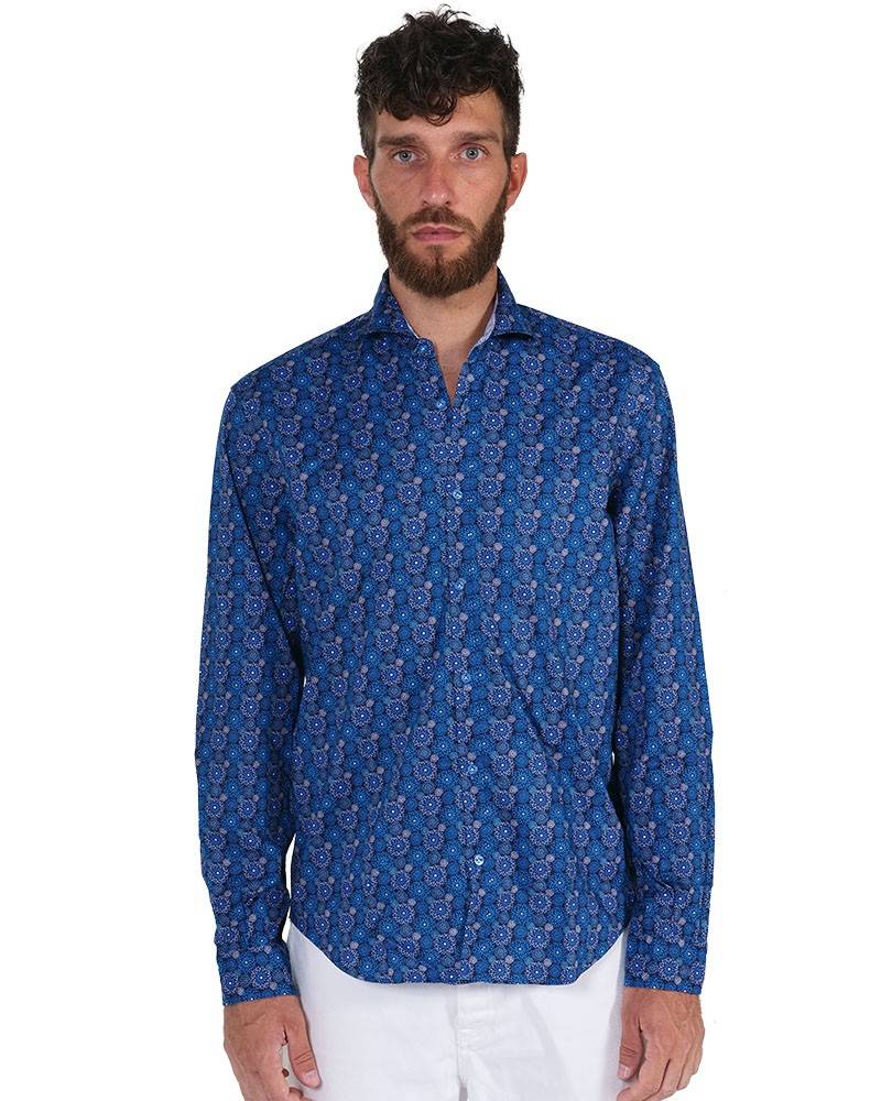 Poggianti Camicia Fantasia Collo Morbido Azzurro/Bianco Italy