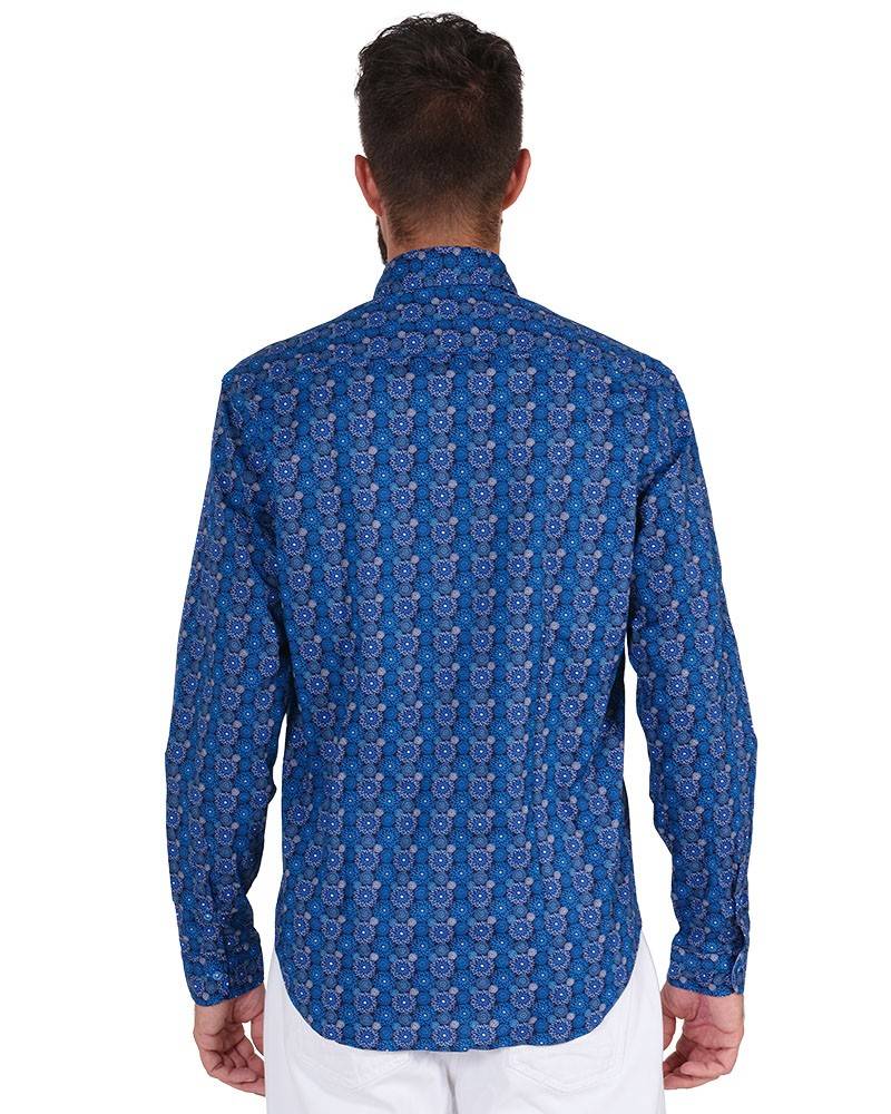 Poggianti Camicia Fantasia Collo Morbido Azzurro/Bianco Italy