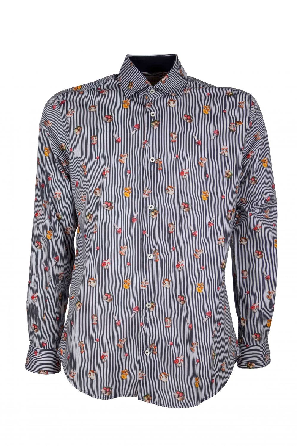 Poggianti Camicia uomo stretch con stampa funghi su riga CALCI-73-136-01 Promozione