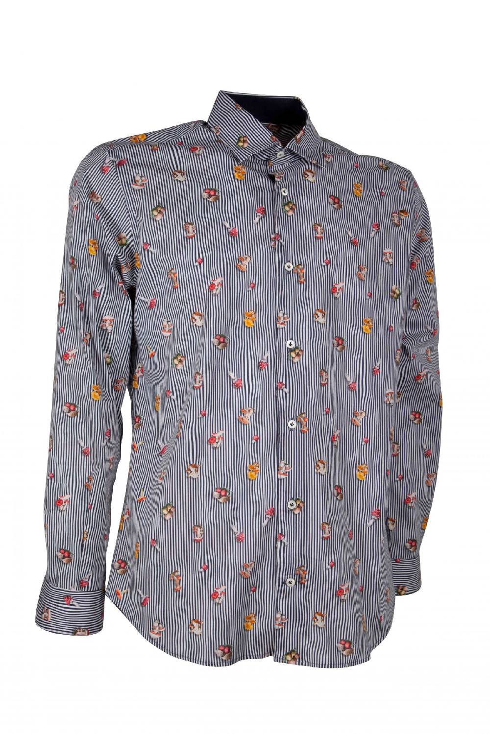 Poggianti Camicia uomo stretch con stampa funghi su riga CALCI-73-136-01 Promozione