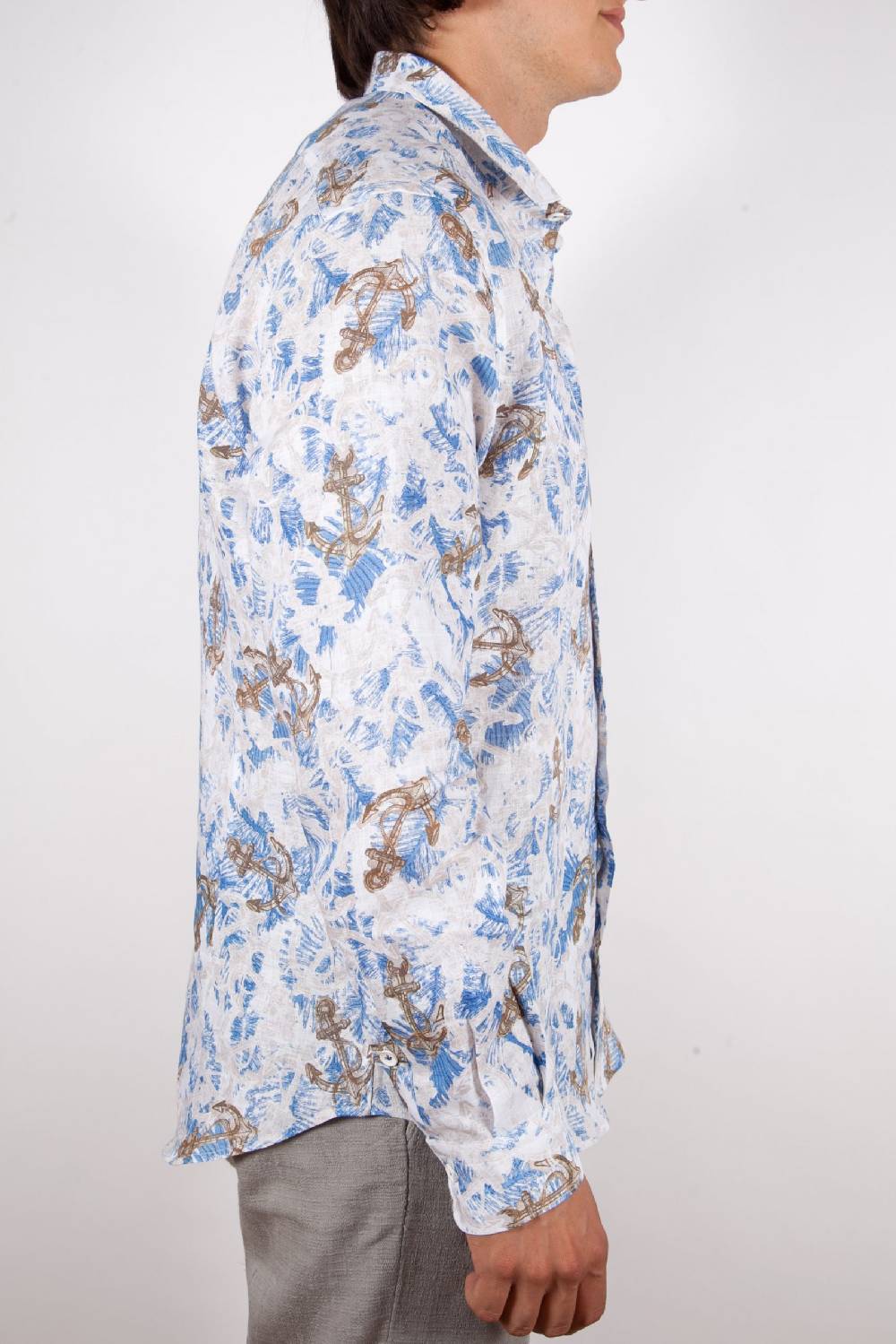 Poggianti Camicia Fantasia Lino Collo Francese 403-01 Comprare a buon mercato