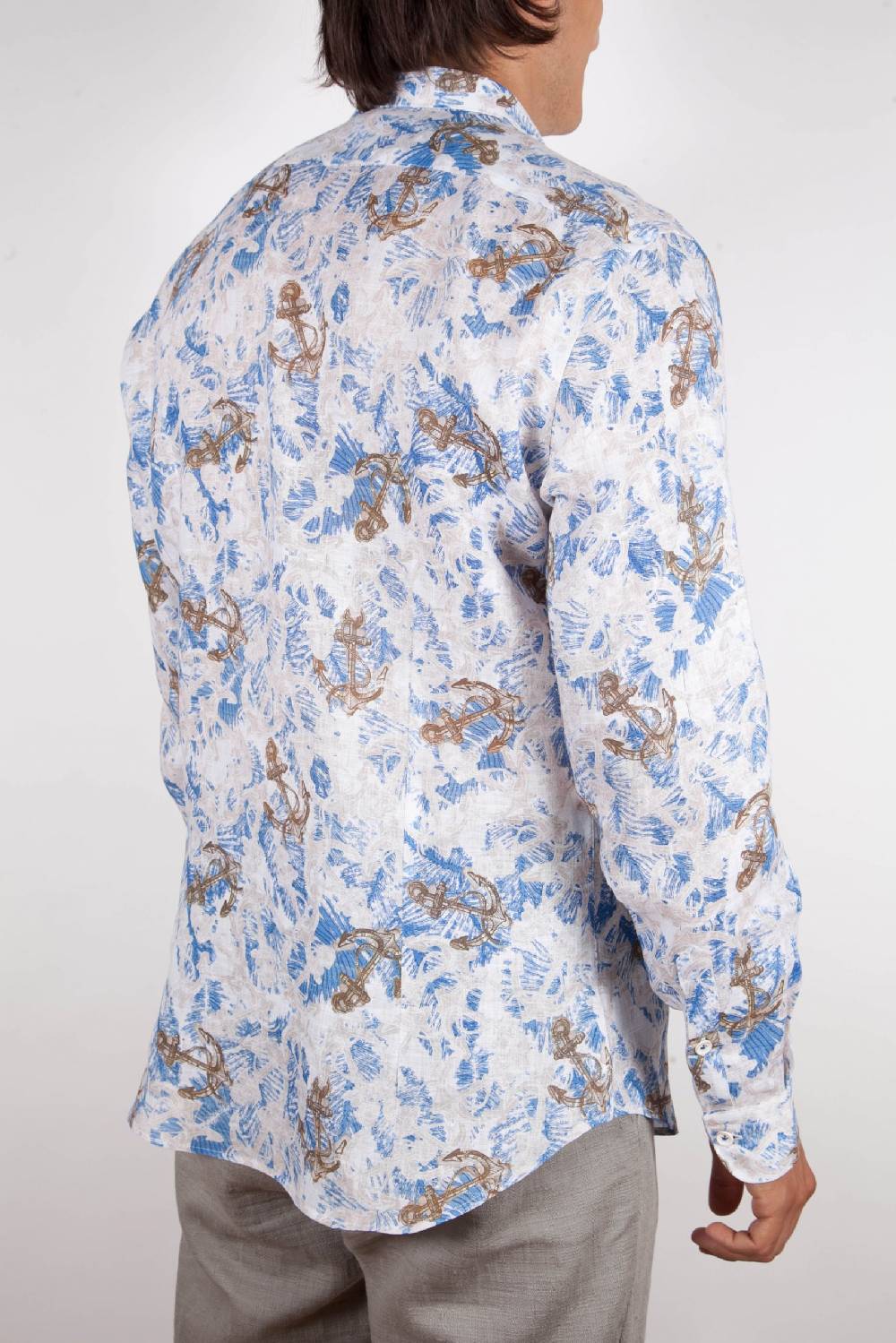 Poggianti Camicia Fantasia Lino Collo Francese 403-01 Comprare a buon mercato