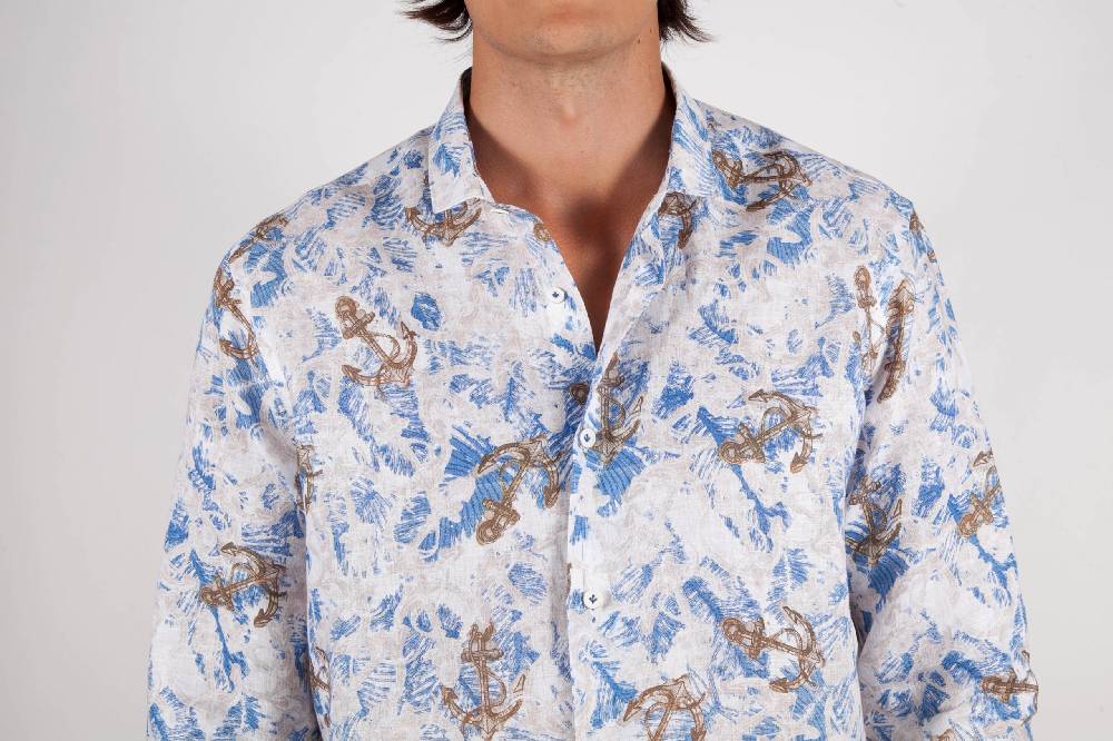 Poggianti Camicia Fantasia Lino Collo Francese 403-01 Comprare a buon mercato