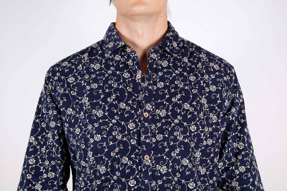 Poggianti Camicia Fantasia su riga Blu Collo Italiano Offerte esclusive