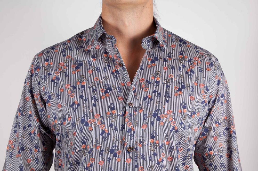 Poggianti Camicia Fantasia su riga Blu Collo Italiano Lightning offer