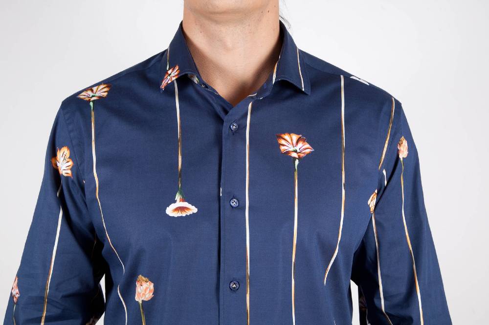 Poggianti Camicia Fantasia Blu Collo Francese Nuovi prodotti