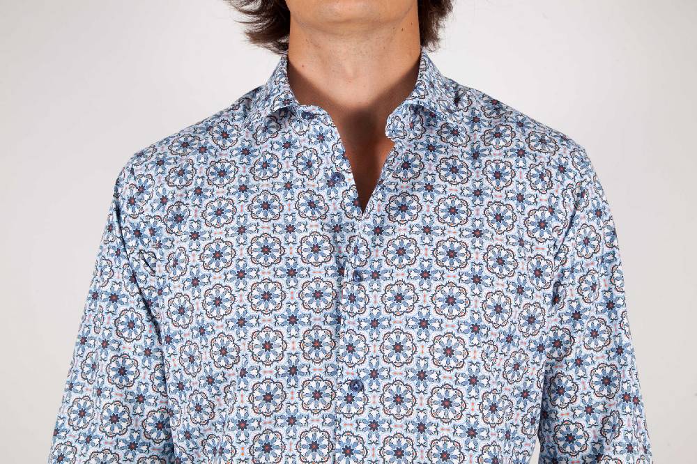 Poggianti Camicia Fantasia Collo Morbido Azzurra Offerte speciali