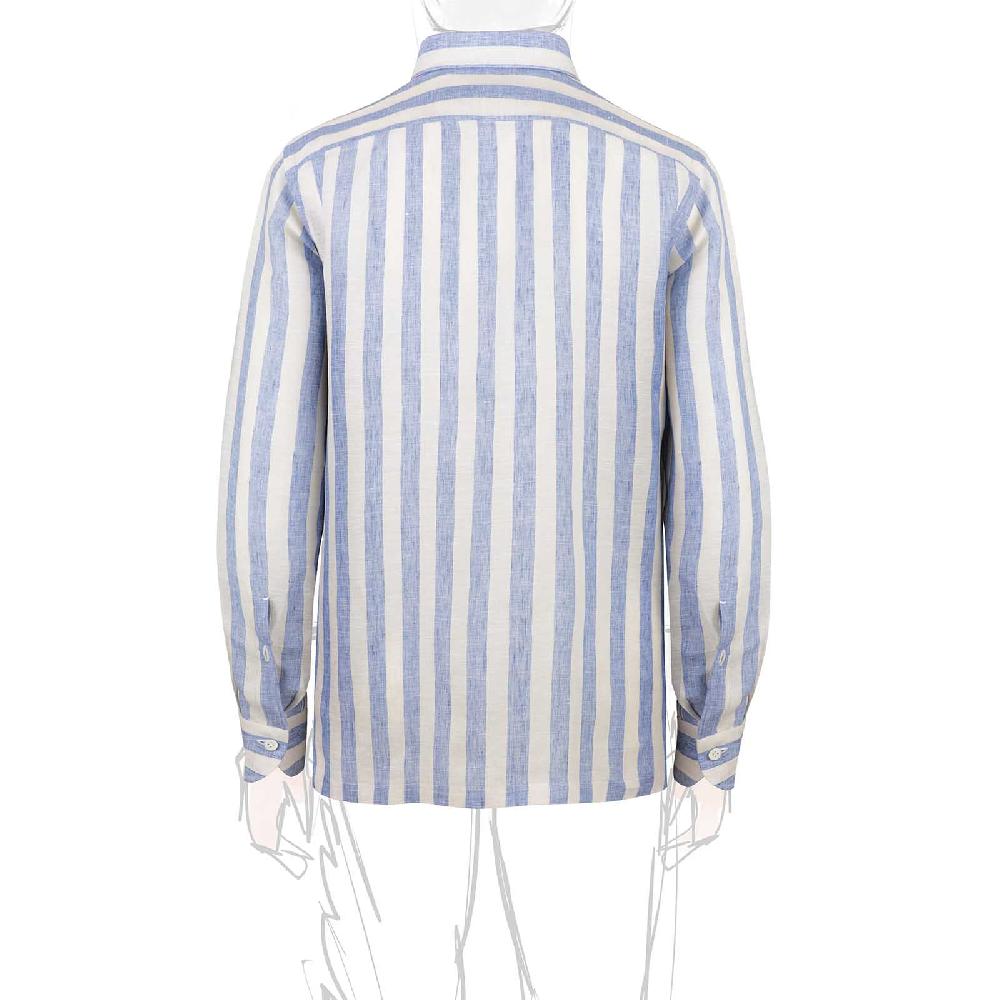 Rubinacci Polo in lino rigato azzurro Esporta salva