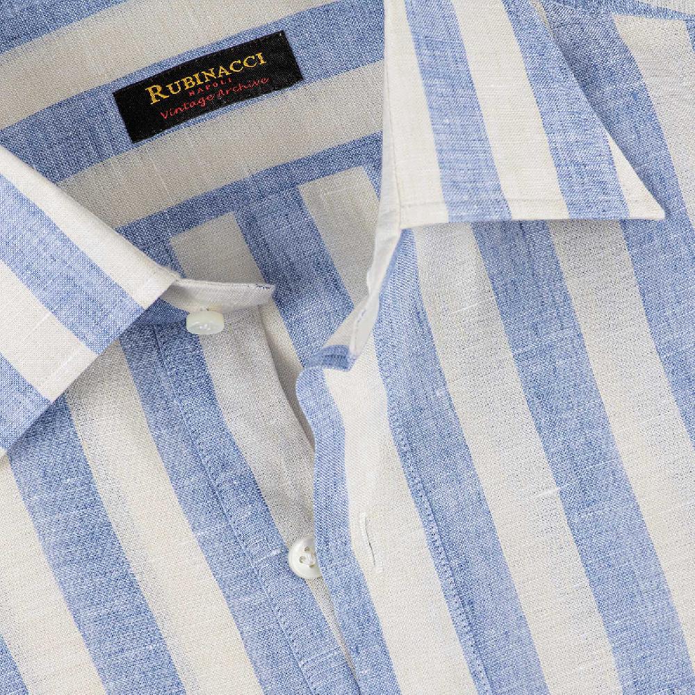 Rubinacci Polo in lino rigato azzurro Esporta salva