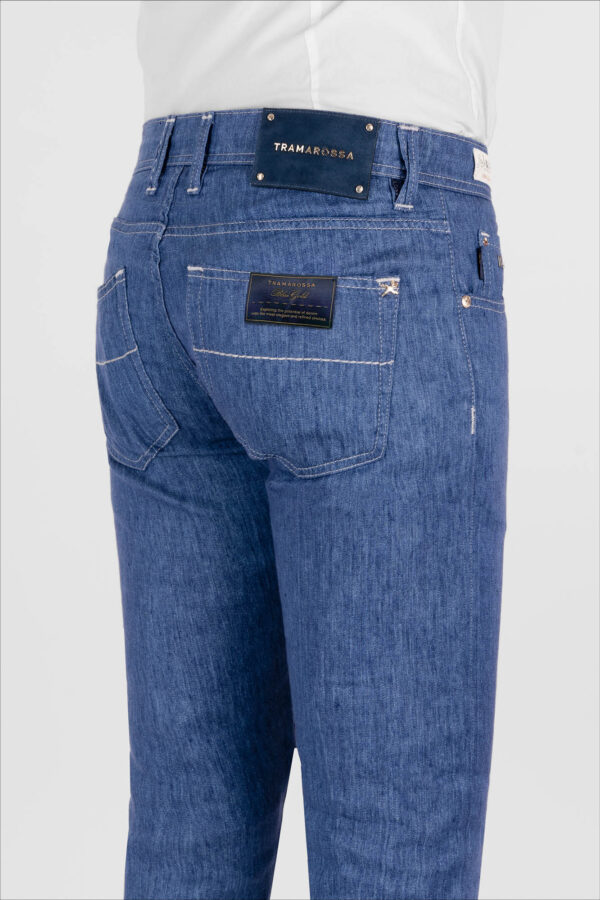 Sartoria Tramarossa PANTALONE LEONARDO BUTTONS REGULAR IN LINO BLU MEDIO Vendita Economica