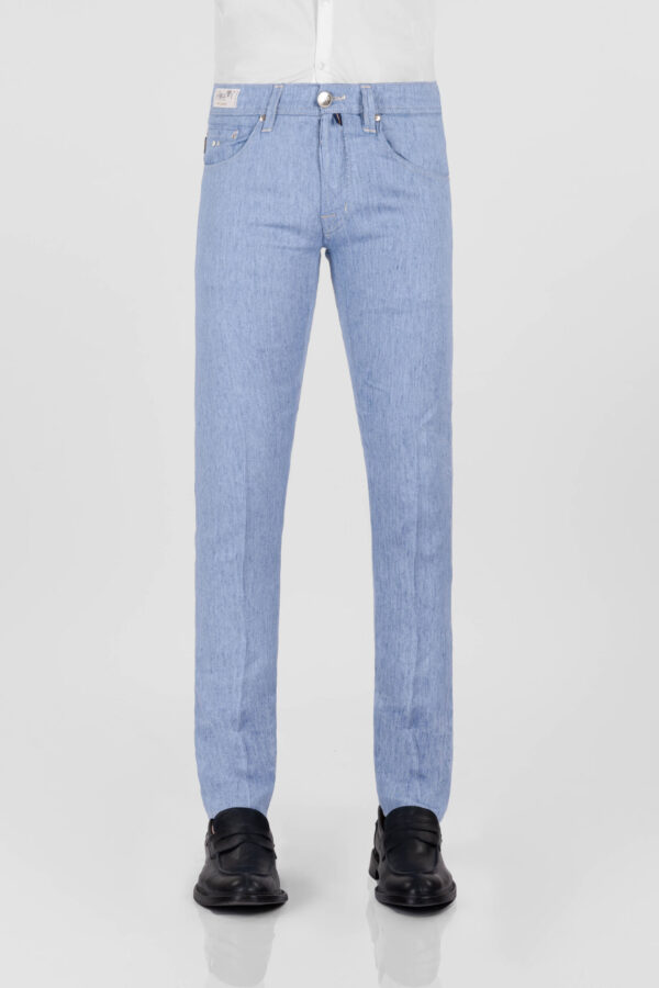 Sartoria Tramarossa PANTALONE LEONARDO BUTTONS REGULAR IN LINO BLU CHIARO Saldi Di Fabbrica
