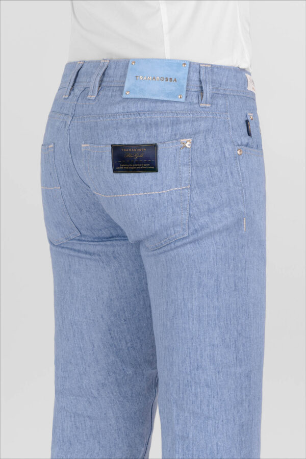 Sartoria Tramarossa PANTALONE LEONARDO BUTTONS REGULAR IN LINO BLU CHIARO Saldi Di Fabbrica