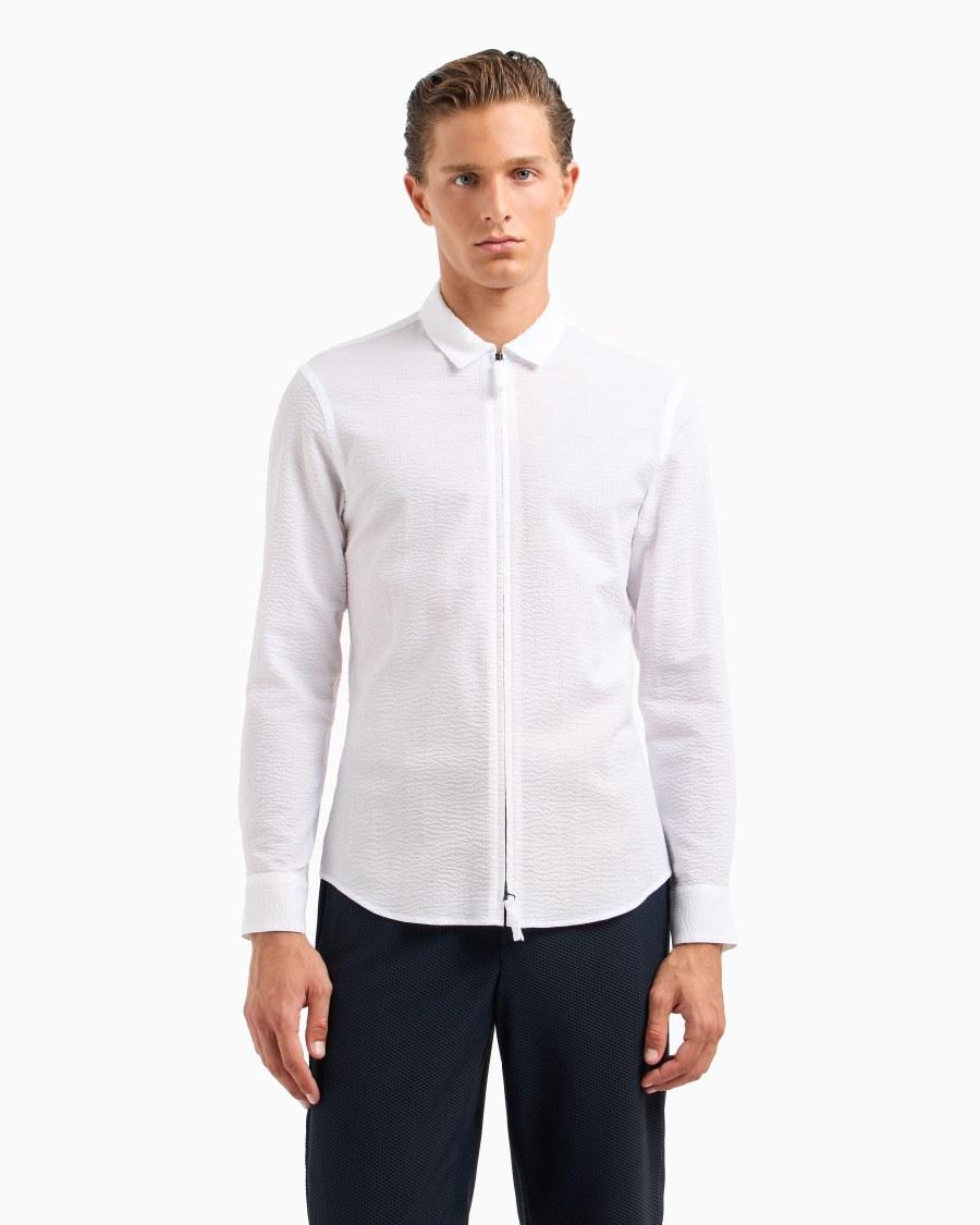 The world of armani CAMICIA SLIM FIT CON ZIP IN COTONE SEERSUCKER In Vendita