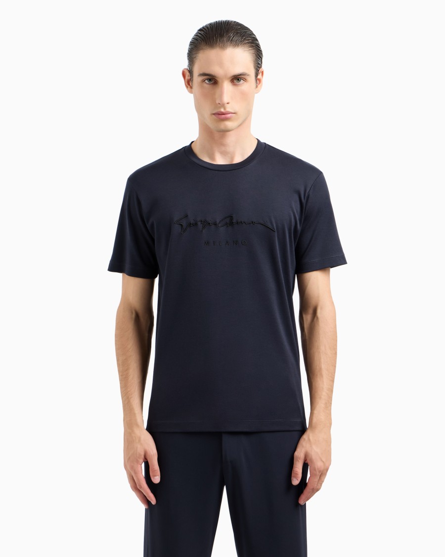 The world of armani T-SHIRT IN INTERLOCK DI PURO COTONE CON LOGO RICAMATO Ritorno libero