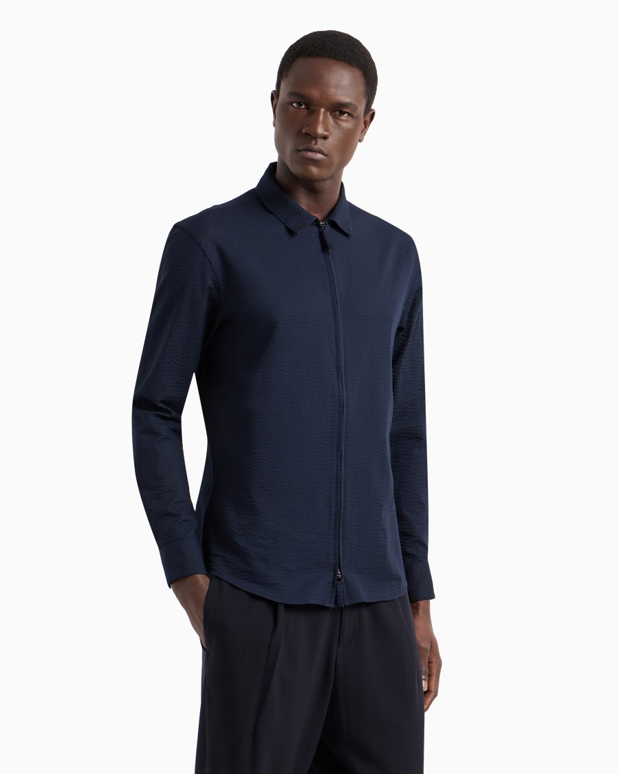 The world of armani CAMICIA SLIM FIT CON ZIP IN COTONE SEERSUCKER ACQUISTA ORA