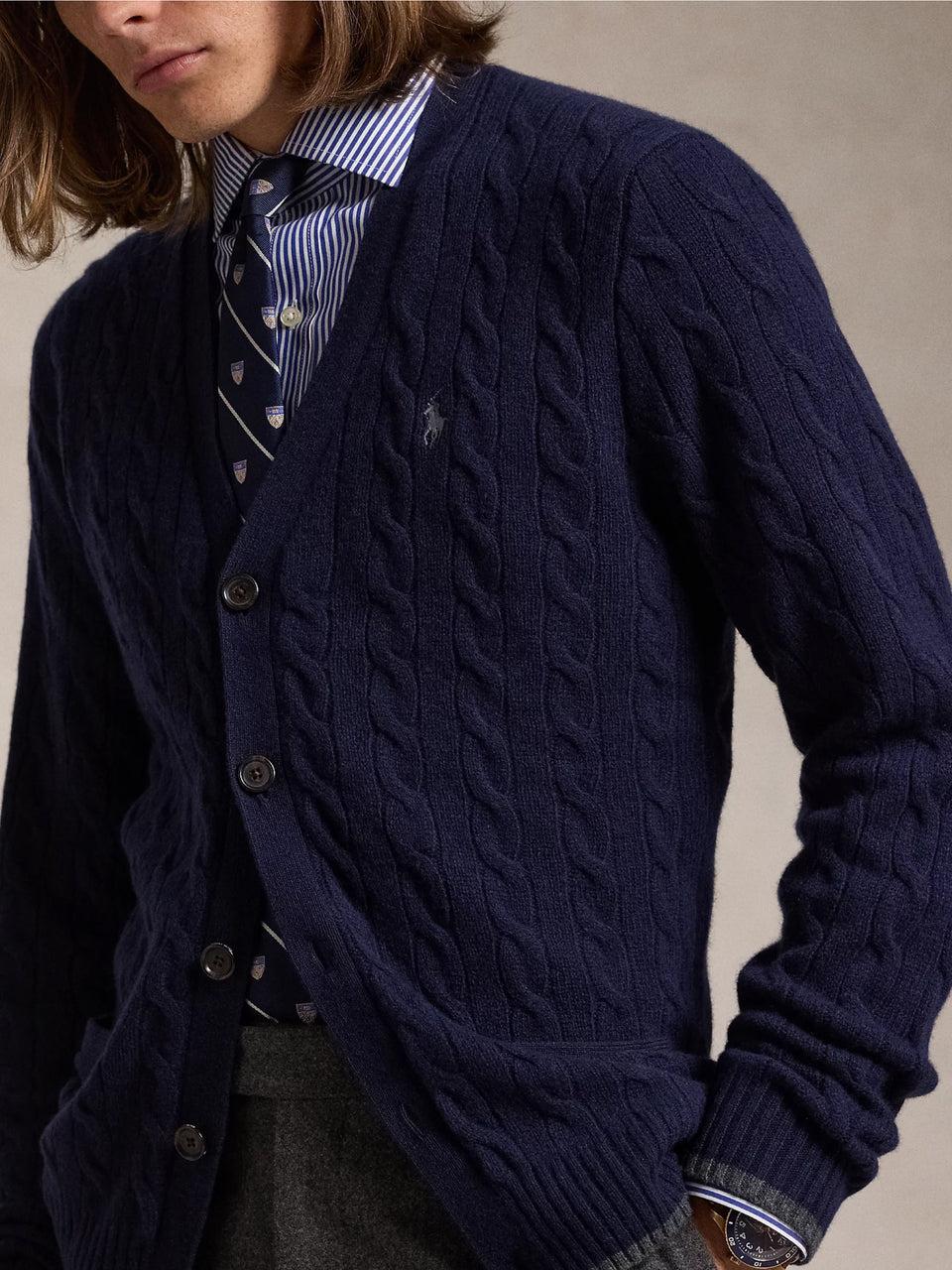 RALPH LAUREN Cardigan in Lana e Cashmere a Trecce Blu Novità