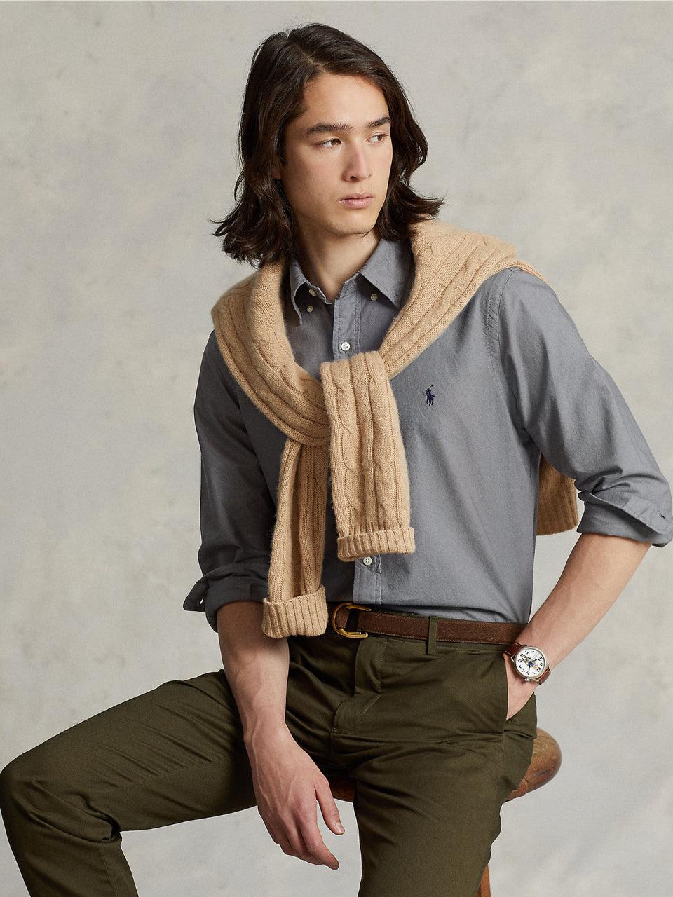 RALPH LAUREN Camicia in Cotone Oxford Slim Filt Grigia Affare Del Giorno