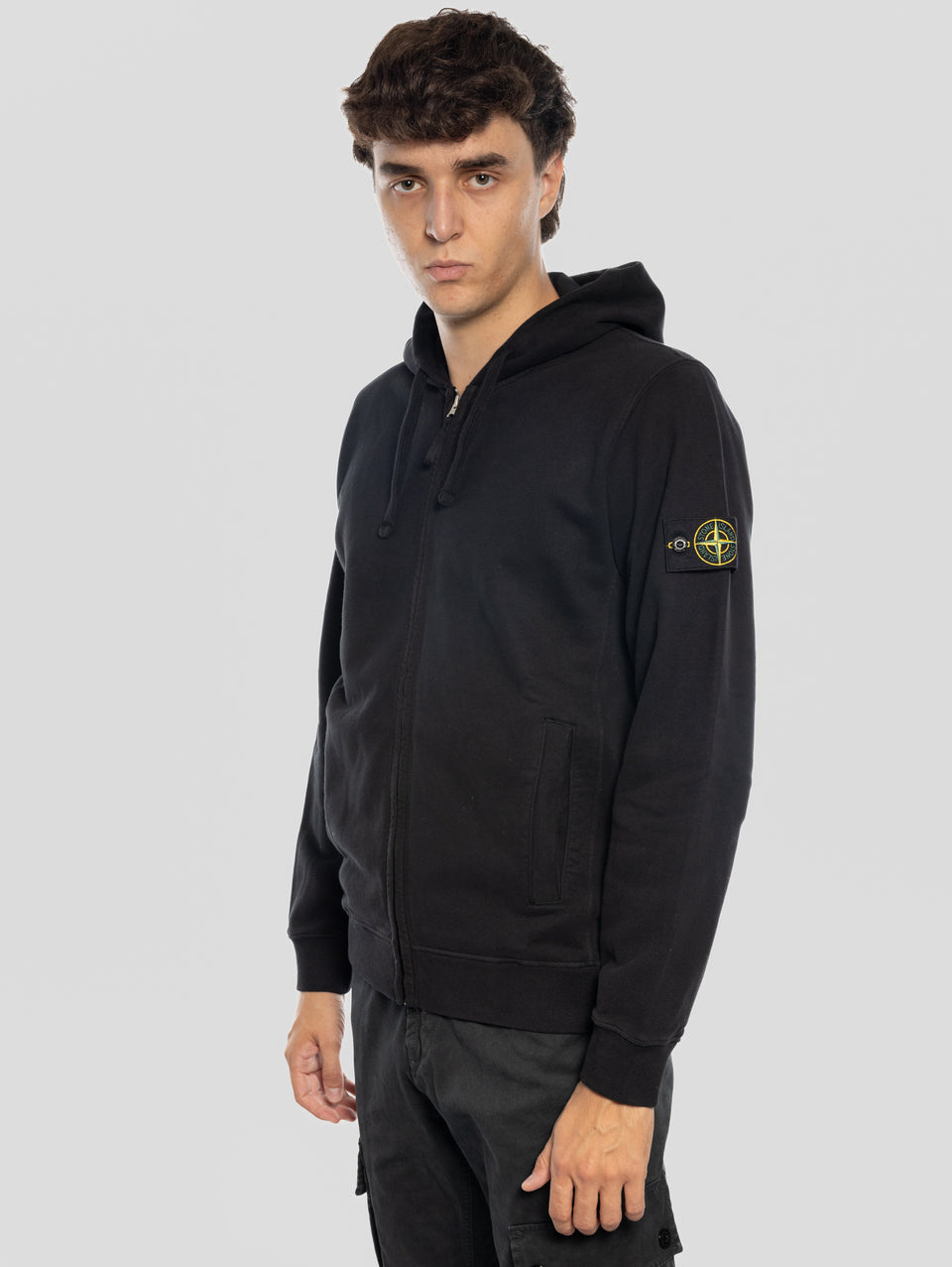 STONE ISLAND Felpa Full Zip in Cotone Organico Nero In Saldo