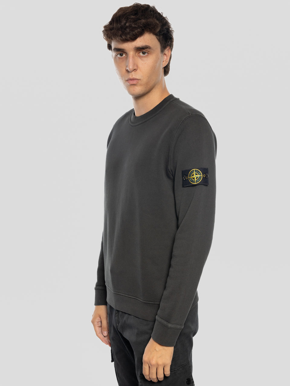 STONE ISLAND Felpa Girocollo in Cotone Diagonale Grigio Nuova