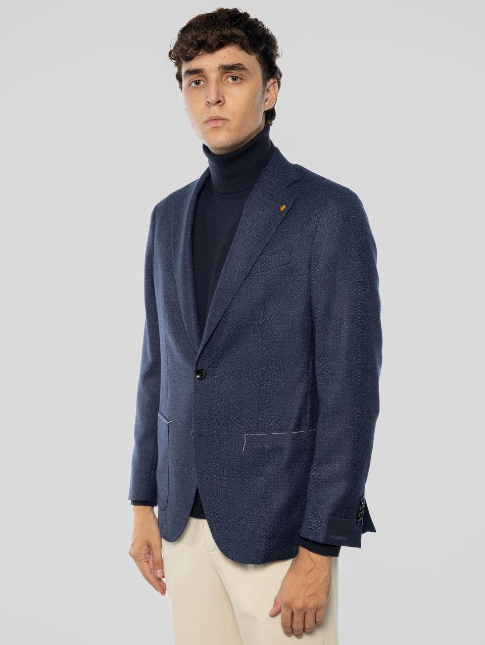 SARTORIA LATORRE Giacca Sfoderata in Pura Lana Blu Melange Qualità Garantita
