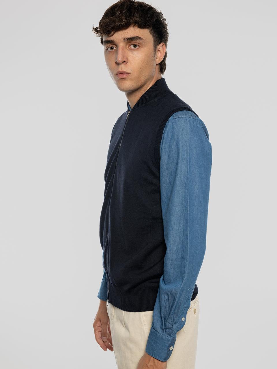 ALPHA STUDIO Gilet in Lana taglio Bomber Blu Outlet
