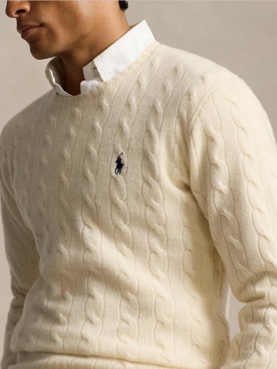 RALPH LAUREN Maglia in Lana e Cashmere a Trecce Crema Offerta